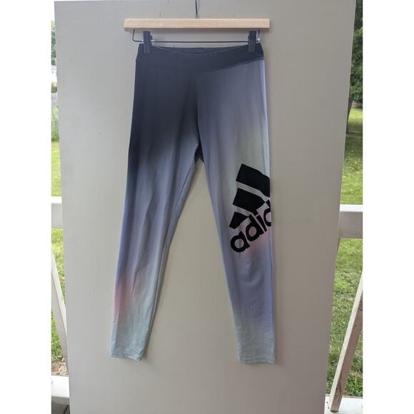 Adidas YL Girls Pink/Light Blue/Lt Green/Black Print Leggings - Picture 1 of 10